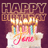 A colorful birthday cake topped with lit candles, with the words 'Happy Birthday Jone' in bold glowing letters on a burgundy background. Animated flames add a festive touch.