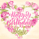 A stunning heart made of pink roses surrounds the elegant script text 'Happy Birthday Jone' on a soft beige background. Animated sparkles add a magical and festive feel.