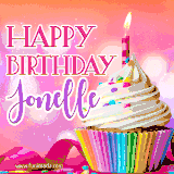 A vibrant birthday GIF featuring a rainbow-colored cupcake topped with white frosting, sprinkles, and a lit candle. The text reads 'Happy Birthday Jonelle' in bold pink and violet letters with white outline.