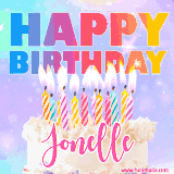 A vibrant animated name GIF with the words 'Happy Birthday Jonelle' with colorful candles on a creamy cake. The background sparkles with pastel shades, adding a festive touch.