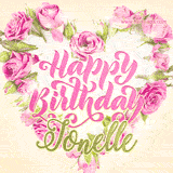 A stunning heart made of pink roses surrounds the elegant script text 'Happy Birthday Jonelle' on a soft beige background. Animated sparkles add a magical and festive feel.