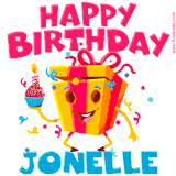 A vibrant and funny gift box character with a happy face dancing with a cupcake and the text 'Happy Birthday Jonelle,' surrounded by animated confetti and party vibes.