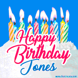 A cheerful animated GIF featuring colorful lit birthday candles on a white cake, with the text 'Happy Birthday Jones' in bold red and blue script on a bright blue background.