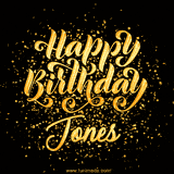 Animated GIF with colorful, festive 'Happy Birthday Jones' text decorated with patterns, a party hat, and falling confetti. A vibrant and cheerful design for birthday celebrations.