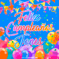 A vibrant animated GIF with 'Feliz Cumpleaños Jones' written in colorful script, surrounded by balloons, confetti, and bunting on a bright blue background.