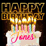 A vibrant animated GIF featuring a delicious birthday cake topped with glowing candles and the name 'Jones' in elegant script, and the words 'Happy Birthday' on the black background.