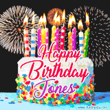 A lively happy birthday animated GIF showcasing a colorful birthday cake covered in sprinkles, topped with glowing candles, and surrounded by vibrant fireworks. The name 'Jones' is featured in elegant script.