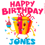 A funny animated birthday GIF with the words 'Happy Birthday Jonesa', colorful gift box with arms and legs, holding a cupcake with a lit candle  with confetti everywhere.