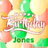 Animated GIF featuring colorful balloons in the background with the cheerful text 'Happy Birthday Jones'.