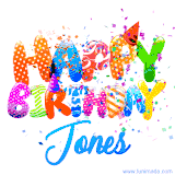 Animated GIF with colorful, festive 'Happy Birthday Jones' text decorated with patterns, a party hat, and falling confetti. A vibrant and cheerful design for birthday celebrations.