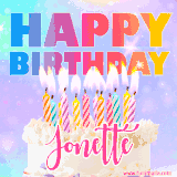 A vibrant animated name GIF with the words 'Happy Birthday Jonette' with colorful candles on a creamy cake. The background sparkles with pastel shades, adding a festive touch.