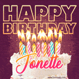 A colorful birthday cake topped with lit candles, with the words 'Happy Birthday Jonette' in bold glowing letters on a burgundy background. Animated flames add a festive touch.
