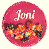 Beautifully decorated red velvet berry birthday cake with vibrant fruits and a glowing 'Joni' name, adding a touch of sweetness and sparkle.