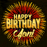 Golden 'Happy Birthday Joni' text accompanied by animated rainbow fireworks for a festive animated greeting.