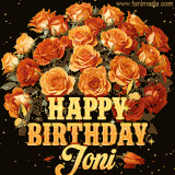 Animated bouquet of orange roses with moving butterfles and golden 'Happy Birthday Joni' text, surrounded by sparkling accents and a dark backdrop for a luxurious feel.