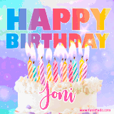 A vibrant animated name GIF with the words 'Happy Birthday Joni' with colorful candles on a creamy cake. The background sparkles with pastel shades, adding a festive touch.