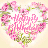 A stunning heart made of pink roses surrounds the elegant script text 'Happy Birthday Joni' on a soft beige background. Animated sparkles add a magical and festive feel.