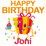 A vibrant and funny gift box character with a happy face dancing with a cupcake and the text 'Happy Birthday Joni,' surrounded by animated confetti and party vibes.