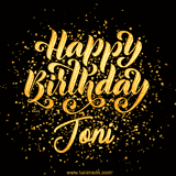 Animated GIF with colorful, festive 'Happy Birthday Joni' text decorated with patterns, a party hat, and falling confetti. A vibrant and cheerful design for birthday celebrations.
