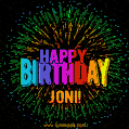 A colorful animated GIF featuring the text 'Happy Birthday Joni!' in rainbow colors with a dynamic iridescent firework display in the background.