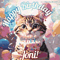 Happy birthday gif for Joni with cat and cake