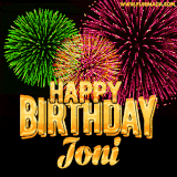 A captivating GIF with bursts of green, pink, and orange fireworks lighting up the night sky, accompanied by 'Happy Birthday Joni' in glowing golden text.