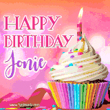 A vibrant birthday GIF featuring a rainbow-colored cupcake topped with white frosting, sprinkles, and a lit candle. The text reads 'Happy Birthday Jonie' in bold pink and violet letters with white outline.