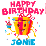 A vibrant and funny gift box character with a happy face dancing with a cupcake and the text 'Happy Birthday Jonie,' surrounded by animated confetti and party vibes.