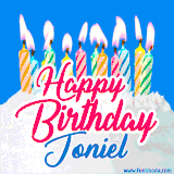 A cheerful animated GIF featuring colorful lit birthday candles on a white cake, with the text 'Happy Birthday Joniel' in bold red and blue script on a bright blue background.