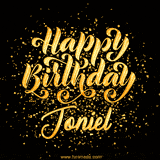 Animated GIF with colorful, festive 'Happy Birthday Joniel' text decorated with patterns, a party hat, and falling confetti. A vibrant and cheerful design for birthday celebrations.