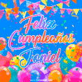 A vibrant animated GIF with 'Feliz Cumpleaños Joniel' written in colorful script, surrounded by balloons, confetti, and bunting on a bright blue background.