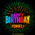 A colorful animated GIF featuring the text 'Happy Birthday Joniel!' in rainbow colors with a dynamic iridescent firework display in the background.