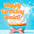 A cheerful animated GIF of a cupcake with creamy frosting, a red checkered ribbon, and a bright sparkler on top. The text 'Happy Birthday Joniel!' is displayed in vibrant orange and red.