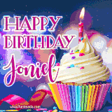 A festive animated GIF featuring a colorful cupcake with a single lit candle, sprinkles, and 'Happy Birthday Joniel' text against a sparkling, celebratory background.