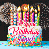 A lively happy birthday animated GIF showcasing a colorful birthday cake covered in sprinkles, topped with glowing candles, and surrounded by vibrant fireworks. The name 'Joniel' is featured in elegant script.