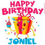 A funny animated birthday GIF with the words 'Happy Birthday Joniela', colorful gift box with arms and legs, holding a cupcake with a lit candle  with confetti everywhere.