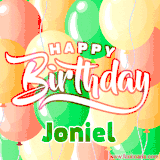 Animated GIF featuring colorful balloons in the background with the cheerful text 'Happy Birthday Joniel'.