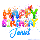 Animated GIF with colorful, festive 'Happy Birthday Joniel' text decorated with patterns, a party hat, and falling confetti. A vibrant and cheerful design for birthday celebrations.