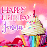 A vibrant birthday GIF featuring a rainbow-colored cupcake topped with white frosting, sprinkles, and a lit candle. The text reads 'Happy Birthday Jonna' in bold pink and violet letters with white outline.