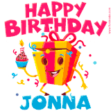 A vibrant and funny gift box character with a happy face dancing with a cupcake and the text 'Happy Birthday Jonna,' surrounded by animated confetti and party vibes.