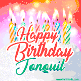 Bright birthday candles with rainbow flames on a cake, alongside the text 'Happy Birthday Jonquil' in vibrant script in this celebratory animated GIF.