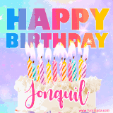 A vibrant animated name GIF with the words 'Happy Birthday Jonquil' with colorful candles on a creamy cake. The background sparkles with pastel shades, adding a festive touch.