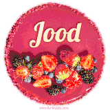 Beautifully decorated red velvet berry birthday cake with vibrant fruits and a glowing 'Jood' name, adding a touch of sweetness and sparkle.