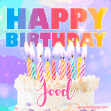 A vibrant animated name GIF with the words 'Happy Birthday Jood' with colorful candles on a creamy cake. The background sparkles with pastel shades, adding a festive touch.