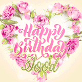 A stunning heart made of pink roses surrounds the elegant script text 'Happy Birthday Jood' on a soft beige background. Animated sparkles add a magical and festive feel.
