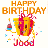 A vibrant and funny gift box character with a happy face dancing with a cupcake and the text 'Happy Birthday Jood,' surrounded by animated confetti and party vibes.