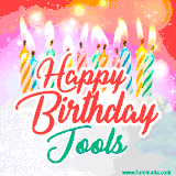 Bright birthday candles with rainbow flames on a cake, alongside the text 'Happy Birthday Jools' in vibrant script in this celebratory animated GIF.