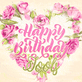 A stunning heart made of pink roses surrounds the elegant script text 'Happy Birthday Jools' on a soft beige background. Animated sparkles add a magical and festive feel.