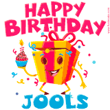 A vibrant and funny gift box character with a happy face dancing with a cupcake and the text 'Happy Birthday Jools,' surrounded by animated confetti and party vibes.