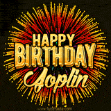 Golden 'Happy Birthday Joplin' text accompanied by animated rainbow fireworks for a festive animated greeting.